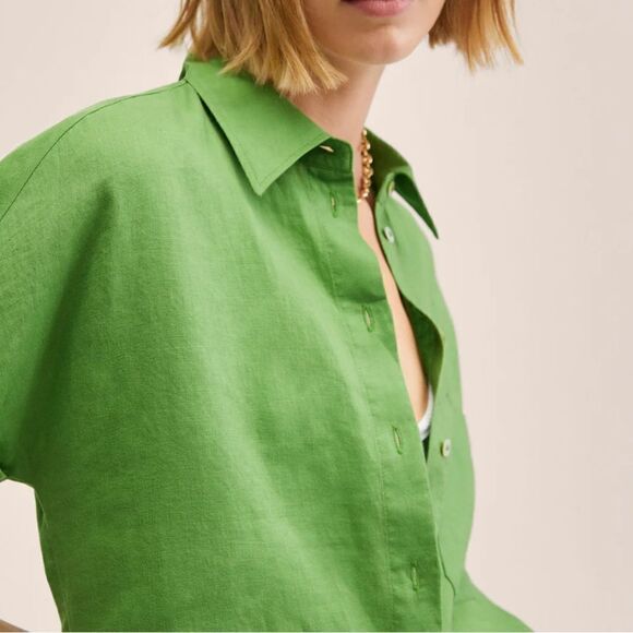 100% Linen Mango Shirt Green - Picture 4 of 9